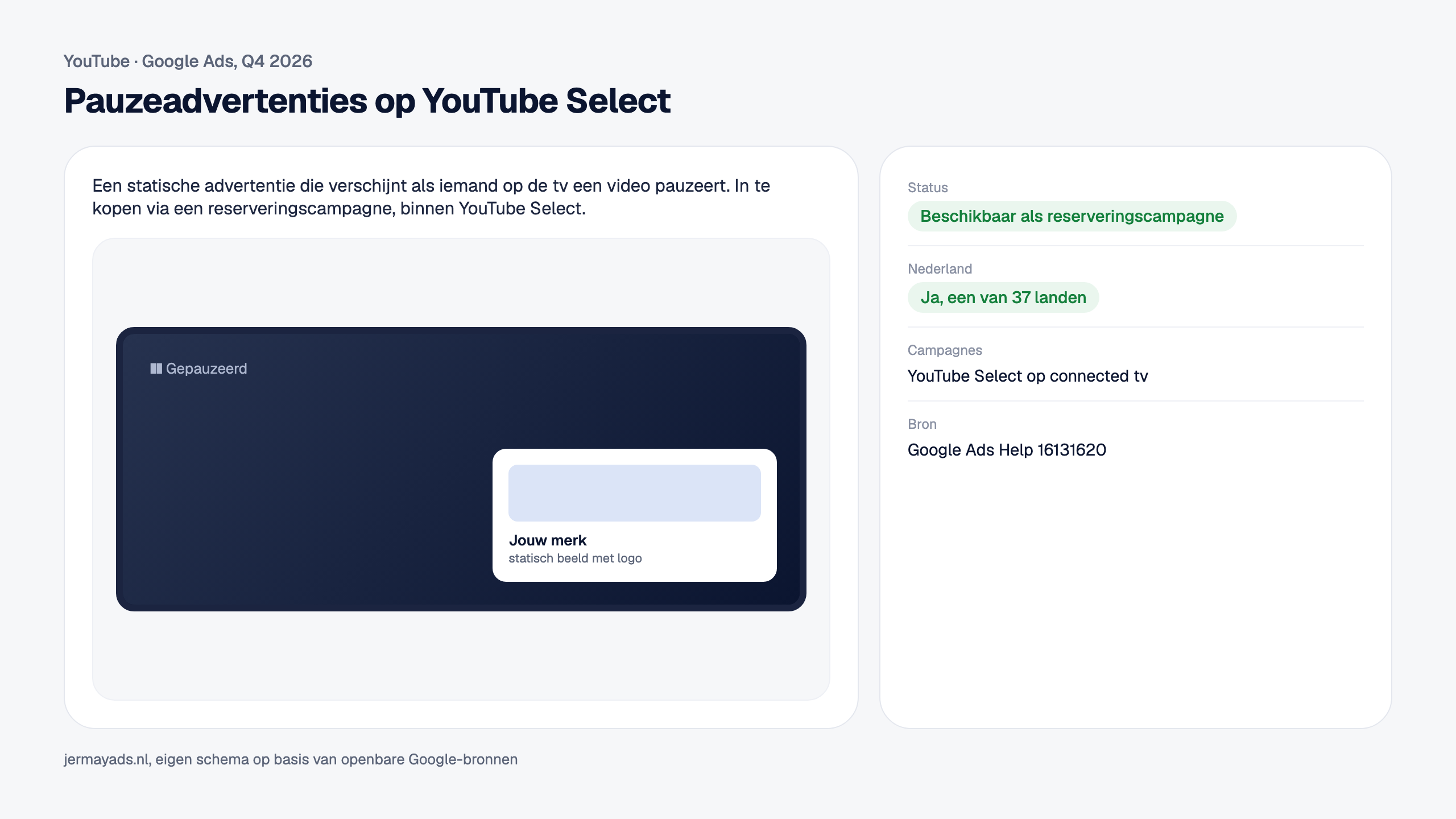 Pauzeadvertenties op YouTube Select. Een statische advertentie die verschijnt als iemand op de tv een video pauzeert. In te kopen via een reserveringscampagne, binnen YouTube Select. Status: Beschikbaar via reservering. Nederland: Ja, een van 37 landen.