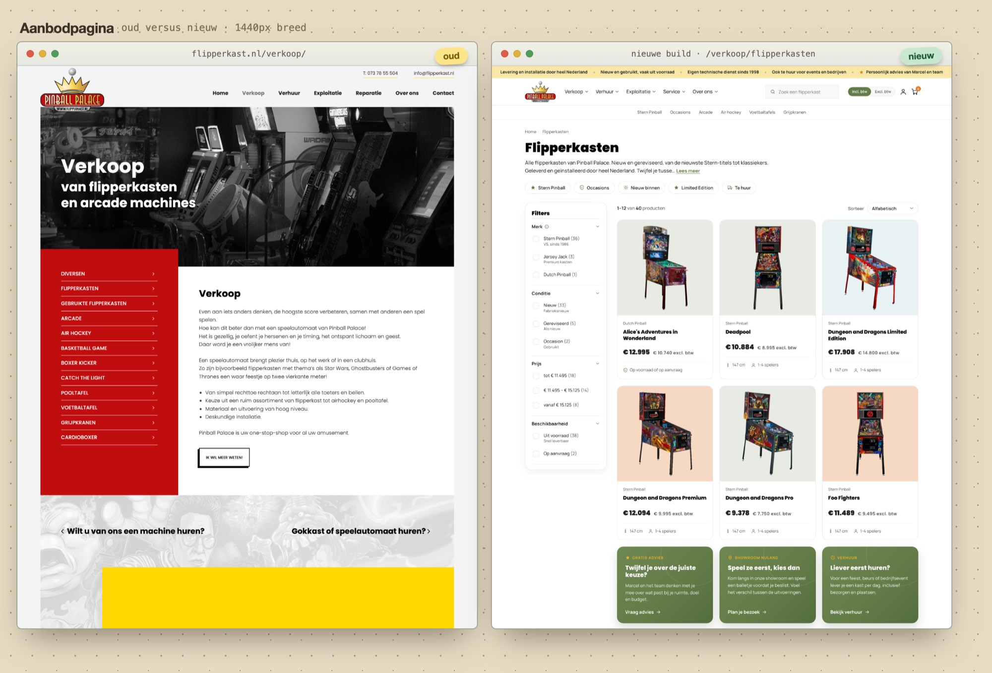 Vergelijking van de verkooppagina, links de huidige tekstpagina met rode menukolom, rechts de nieuwe categoriepagina met productgrid, filters en sortering