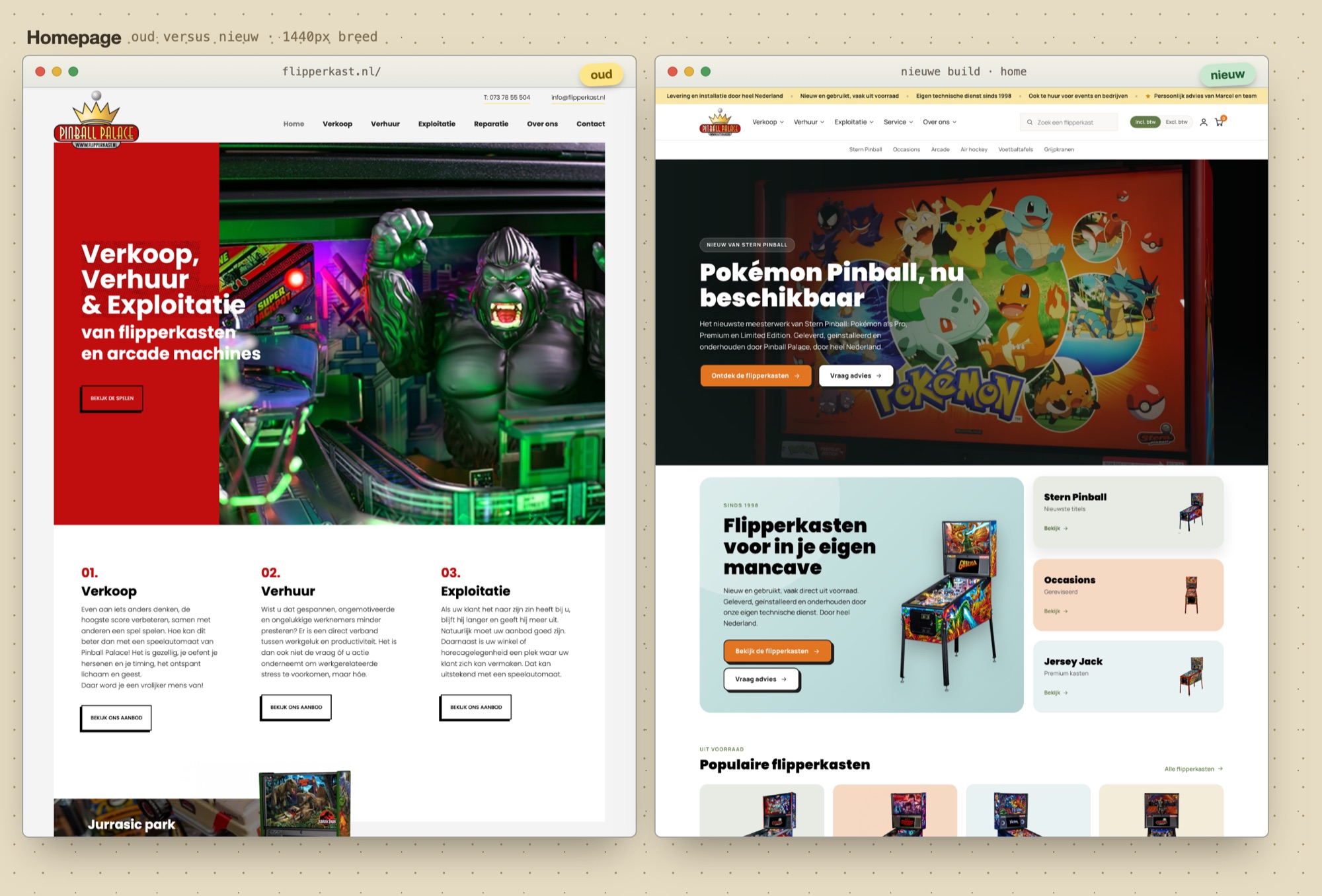 Vergelijking van de homepage van flipperkast.nl, links de huidige live site met alleen een hero en een knop, rechts de nieuwe webshopversie met usp-balk, zoekveld, btw-schakelaar en winkelmandje