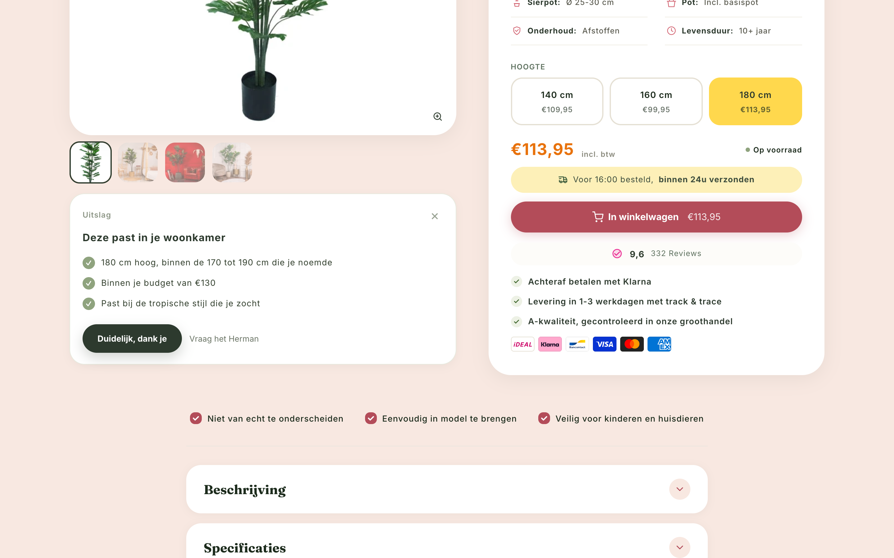 Schermafbeelding van de productpagina van de Monstera kunstplant 180 cm op neverleafs.nl. Links het uitslagblok uit het gesprek, rechts de gewone koopkant met de hoogtekeuze 140, 160 en 180 cm, de prijs 113,95 euro, de knop in winkelwagen en het beoordelingscijfer 9,6.