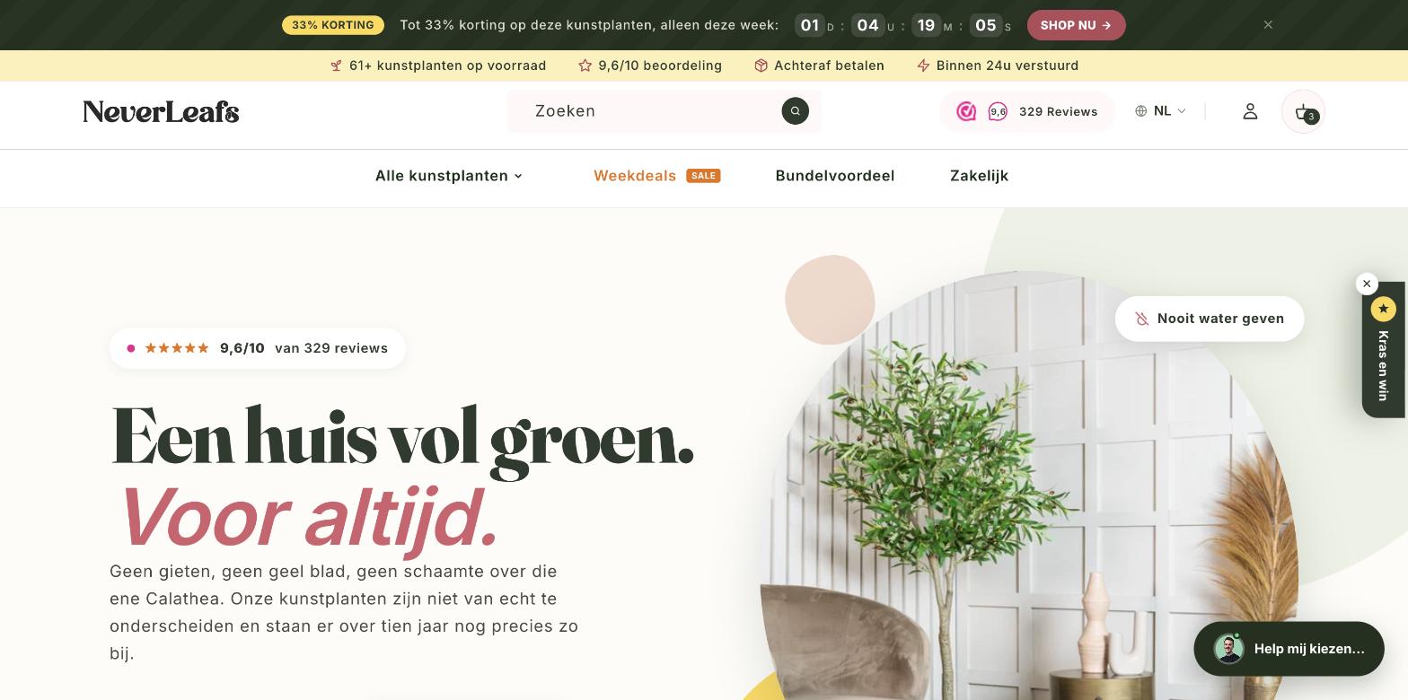 De homepage van NeverLeafs met rechts tegen de rand een verticale donkergroene tab met de tekst kras en win en een geel stericoon.